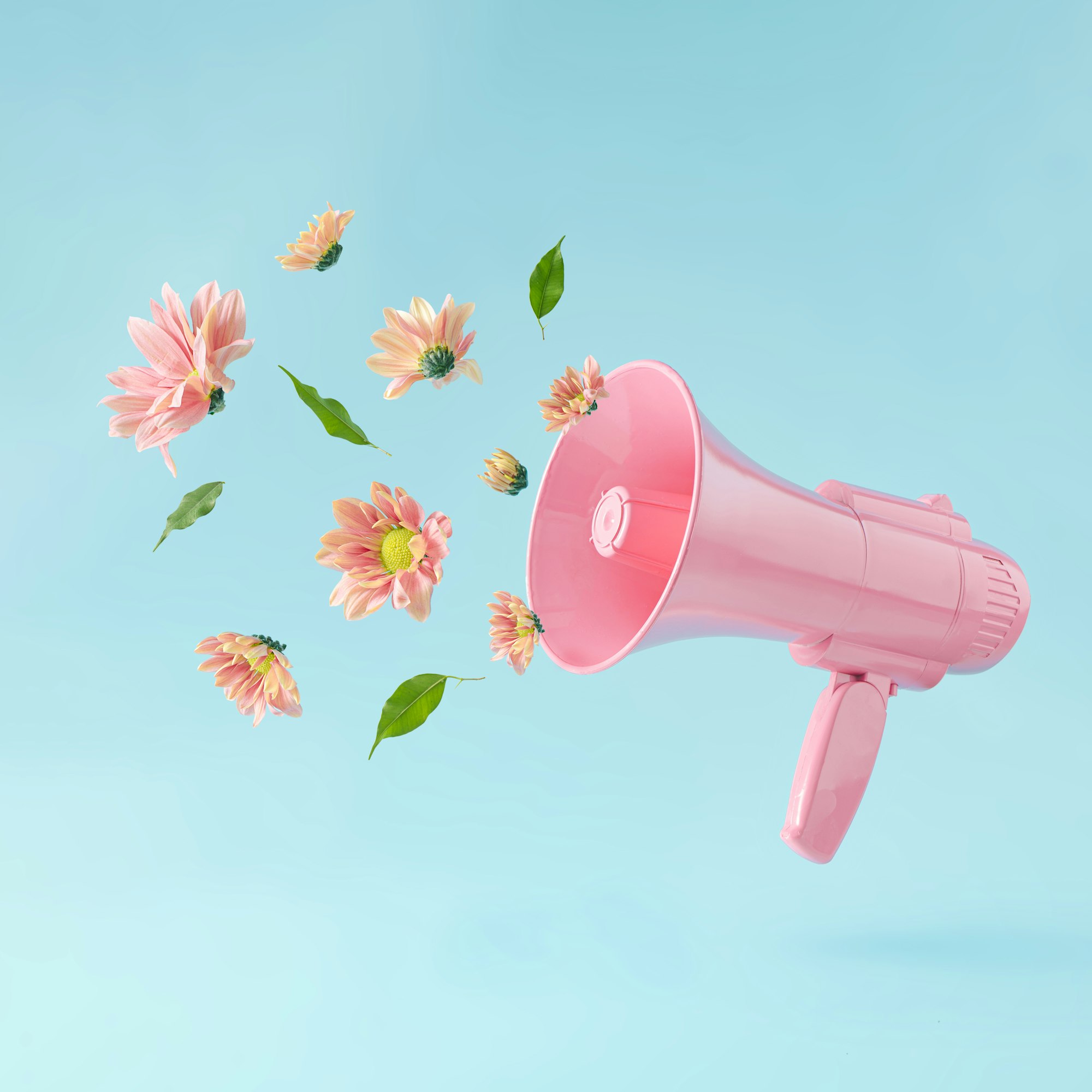 Pink megaphone with colorful summer flowers